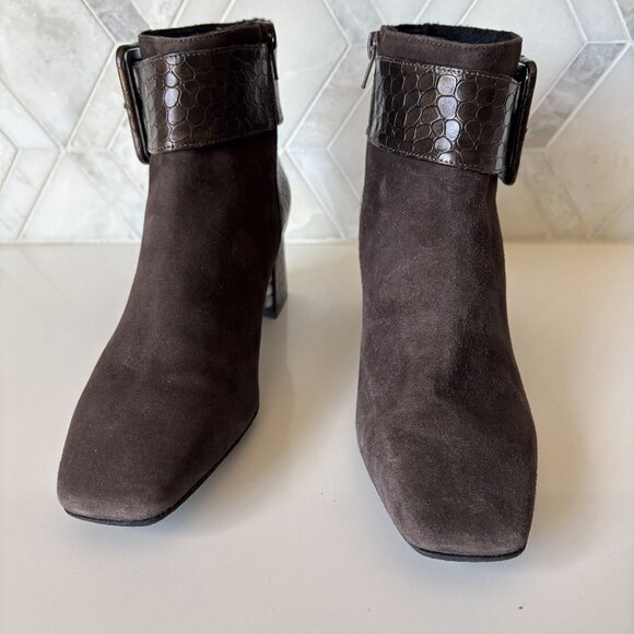Ron White 38/7.5 Ankle Boot Zipper Block Heel Linzi Brown Croc Cashmere Suede - Picture 2 of 11